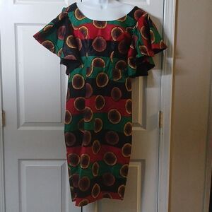Handmade African abstract print flare sleeve  dress  Sz M  ( see measurements )